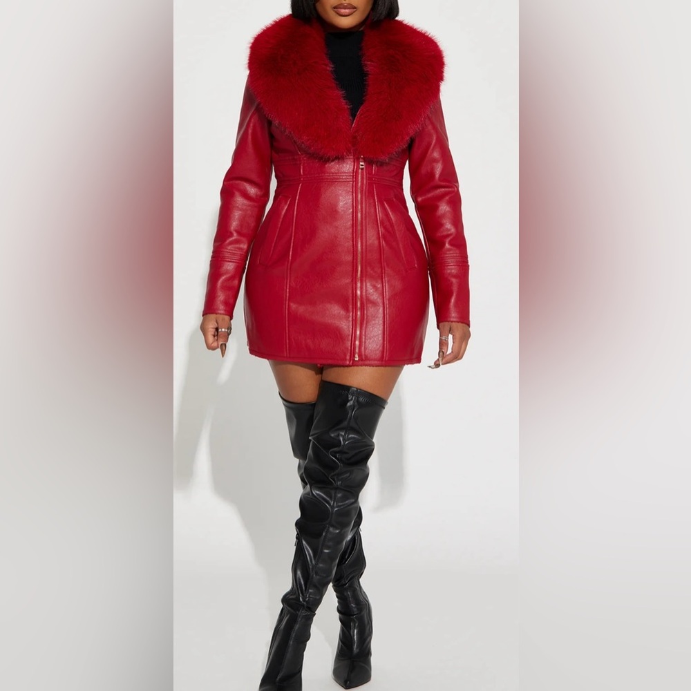 Red Faux Fur Collar Leather Jacket